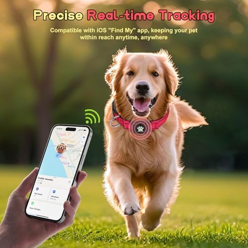 Myiwb iOS compatible pet tracker showing the 360 degree reflective strips for nighttime safety