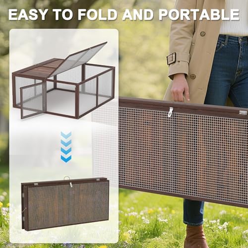 Portable Chicken Coop Run, Rabbit Hutch with Top & Side Opening Doors, Folding Wooden Rabbit Cage for Guinea Pigs, Bunny, Rabbit, Hedgehog, Small Animal Outdoor (Brown) - Image 3