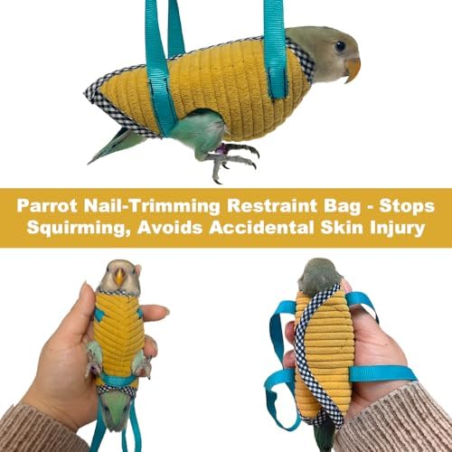 Anti scratch protective clothes for parakeets being used during nail trimming.