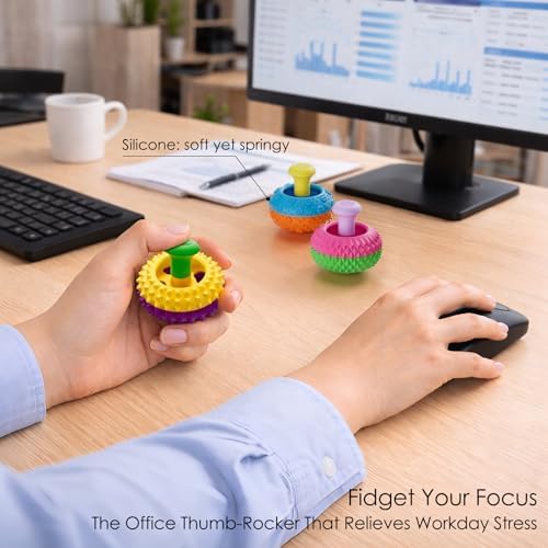 Four colorful kettle shaped silicone sensory toys with central swinging rocker arms