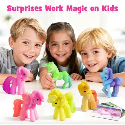 Mocoosy unicorn figurines showing size comparison before and after six hundred percent water expansion