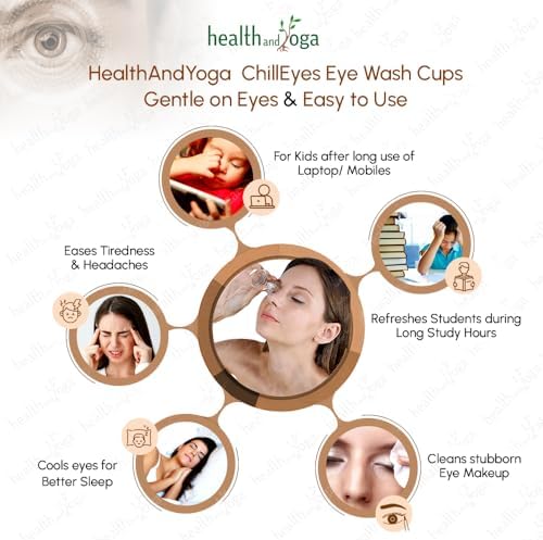 Self-standing glass eye wash cup on a flat surface demonstrating hygienic storage design.