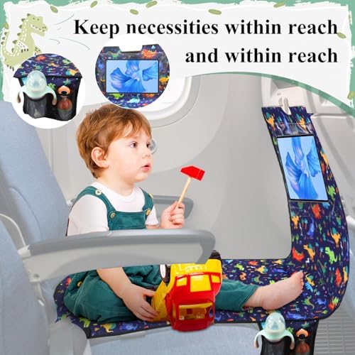 YUMTIM Portable Airplane Foot Rest for Flights illustrating how the adjustable straps connect securely to the tray table armrest.