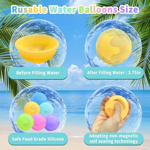 Quick fill refillable water bombs being submerged in a pool for automatic sealing