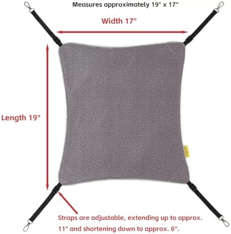 Suspended ferret bed highlighting the reinforced black straps and metal carabiners
