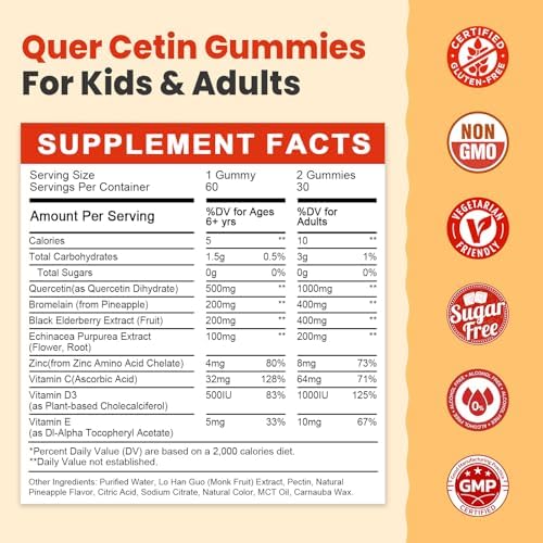 Pineapple flavored quercetin 1000mg dietary supplement nutrition facts and ingredient label