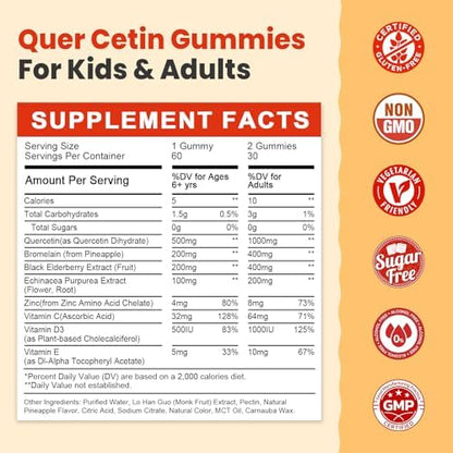 Pineapple flavored quercetin 1000mg dietary supplement nutrition facts and ingredient label