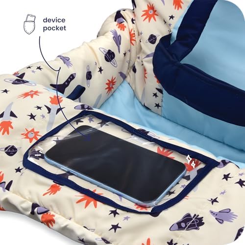 GoldBug space themed toddler cart cover folded compactly for travel storage.