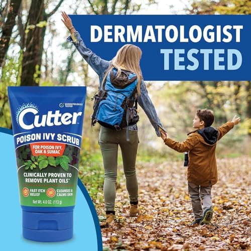 Cutter poison ivy fast itch relief scrub being applied to skin for outdoor care.