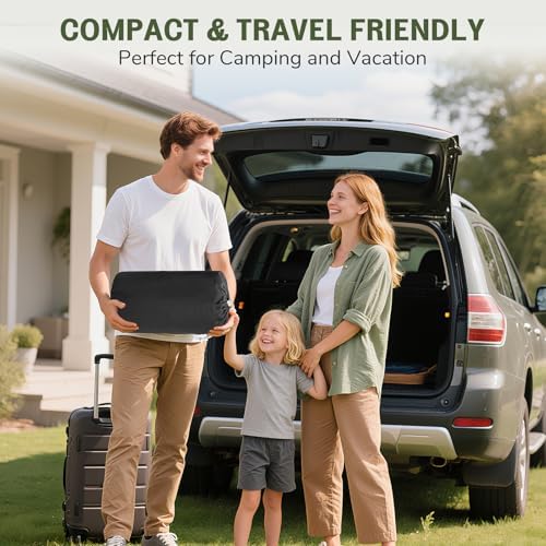 Lightweight baby crib tent rolled up compactly next to its convenient travel carry bag