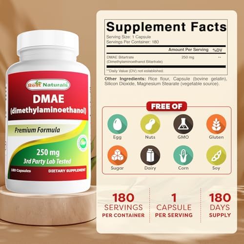 Best Naturals Dimethylaminoethanol Bitartrate 250 mg dietary supplement label showing nutritional facts