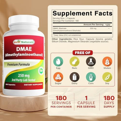 Best Naturals Dimethylaminoethanol Bitartrate 250 mg dietary supplement label showing nutritional facts
