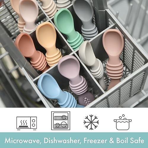 Six pack of PrimaStella first stage silicone spoons arranged on a clean surface
