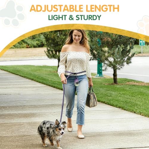 Purple crossbody dog walking lead featuring integrated poop bag holder container.