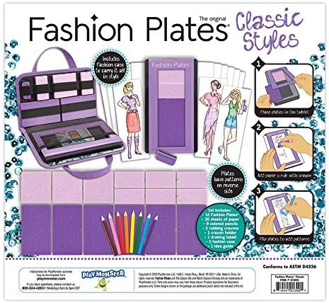 PlayMonster fashion design tablet with rubbing plates and a child tracing an outfit outline.