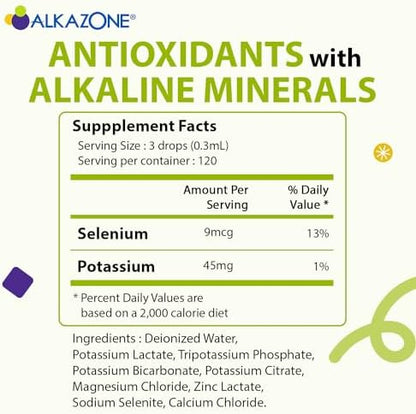 Authentic USA imported Alkazone electrolyte supplement bottle displayed with clear mineral specifications.