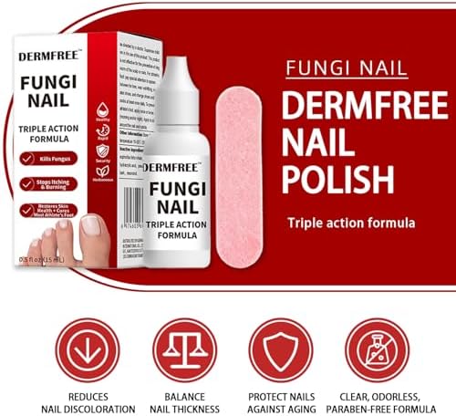 Dermfree anti fungal solution packaging highlighting triple action benefits for thick and yellow nails.
