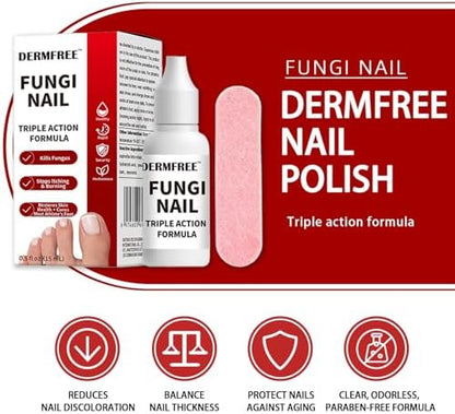 Dermfree anti fungal solution packaging highlighting triple action benefits for thick and yellow nails.