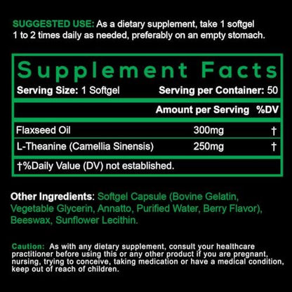 Close up of SmarterVitamins non-GMO flaxseed oil and L-Theanine bottle