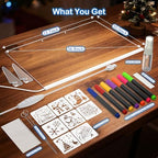 Close up of Abcool LED memo board with stand on office desk