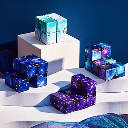 Pocket sized Skylety infinity cube toy being flipped with one hand