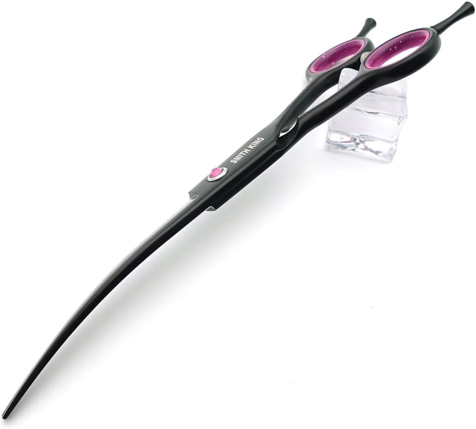 Ergonomic dog hair cutting scissors with purple finger rings and case