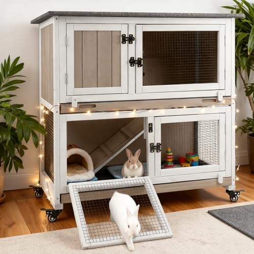 Gowoodhut 36" L Rabbit Hutch Indoor Wooden 2 Story Bunny Hutch Rabbit Cage Outdoor Bunny Cage on 4 Metal Wheels and 2 Deeper Pull Out Trays, Ramp, Guinea Pig Pet House for Small Animals, Grey - Image 2