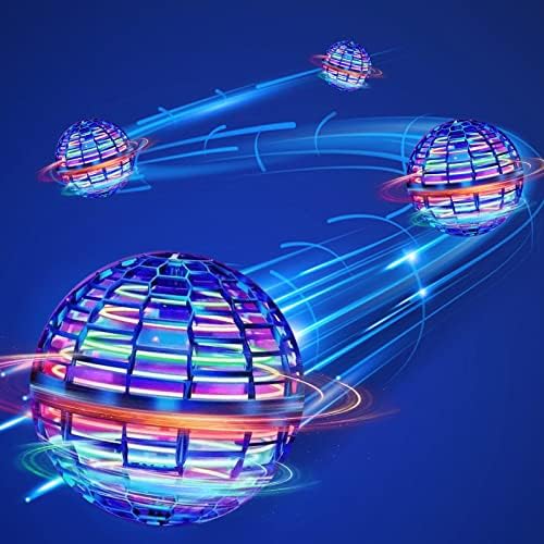 Hand-controlled hovering blue cosmic globe toy floating mid-air with vibrant color-changing RGB LED light trails.