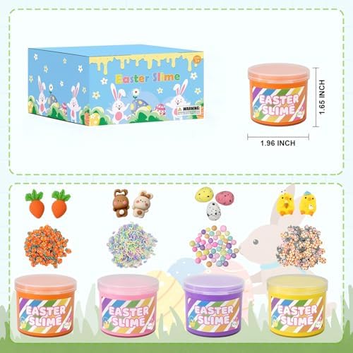 Four pack of premium non toxic butter slime jars in purple pink yellow and orange options.