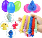 Tactile bunny and chick stretchy noodle toys extended out of open holiday prize eggs