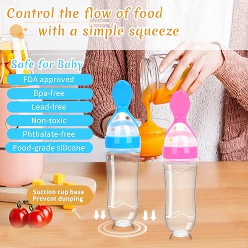 Side profile view highlighting the ergonomic design and measurement markings of the WAJIAYON infant squeeze feeding bottle.
