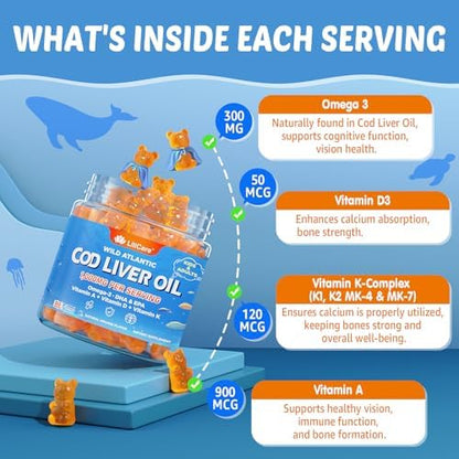 Side view of Lilicare 1000mg cod liver oil orange flavored gummies for adults and kids wellness