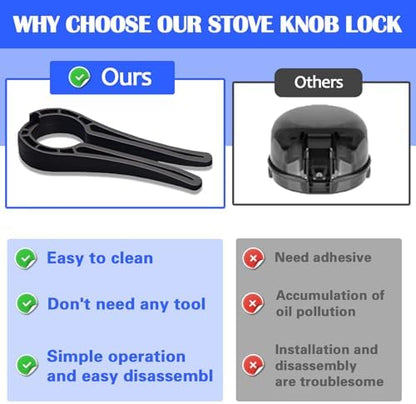 Mcotop stove knob protector showing locking mechanism for child safety