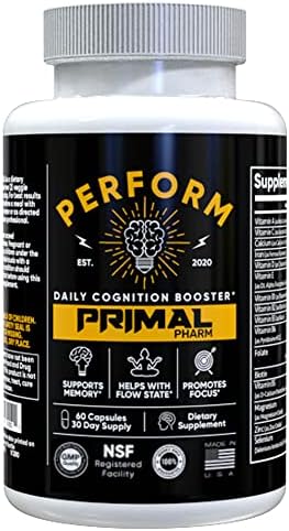 Primal Pharm Perform cognitive enhancement supplement bottle display detailing focus and memory benefits.
