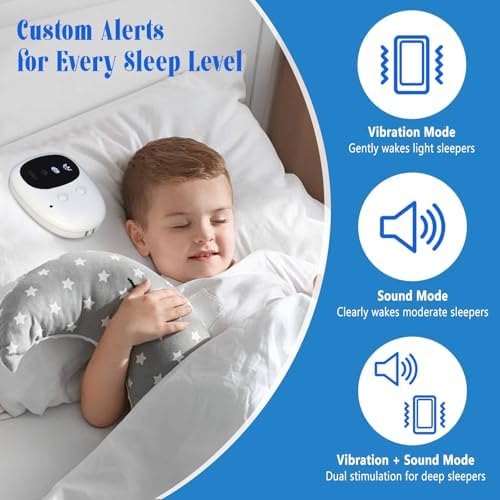 Wireless receiver of Iemegumi bedwetting system on a bedside table showing alert modes.