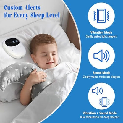 Wireless receiver of Iemegumi bedwetting system on a bedside table showing alert modes.