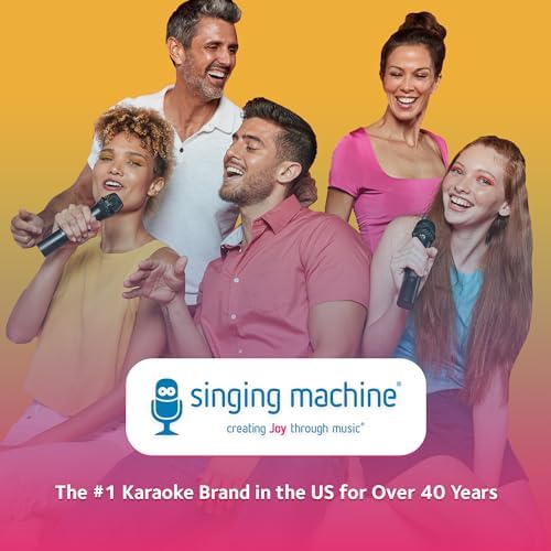 Singing Machine portable karaoke speaker packaging view displaying the authentic USA imported product features.