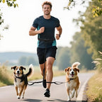 Detachable waist pouch and padded back support elements of the Tails & Tales double dog leash set.