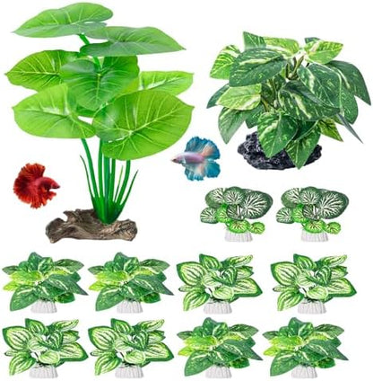 Close up view of the soft fin friendly leaves on the CousDUoBe silk aquarium decoration set.