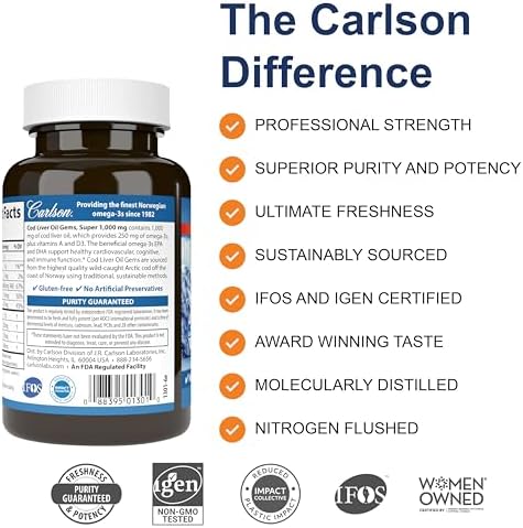 Carlson Norwegian cod liver oil capsules supplement facts and ingredients label