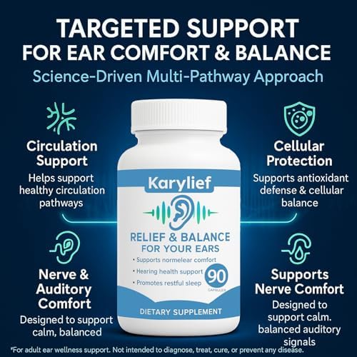 Karylief ear wellness supplement bottle showing magnesium and zinc ingredients