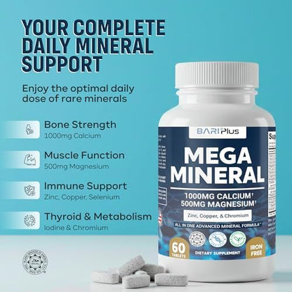 BARIPLUS bariatric friendly mega mineral complex showing ingredient list and vitamin D3 content