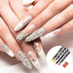 Step by step demonstration of using the Hariendny wax dotting pencil to place small beads on a manicure design.