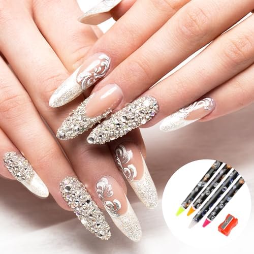 Step by step demonstration of using the Hariendny wax dotting pencil to place small beads on a manicure design.