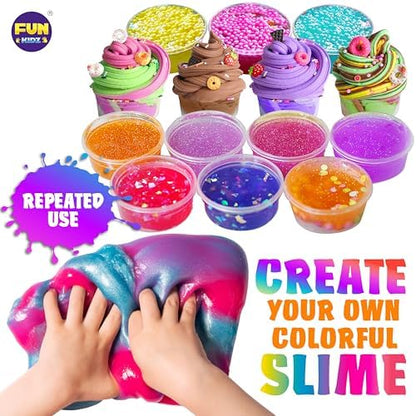 The complete ultimate slime pack gift box layout featuring safe washable craft supplies for boys and girls.