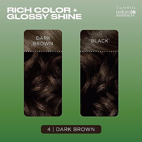 Before and after hair color results panel for Clairol Natural Instincts 4 Dark Brown.