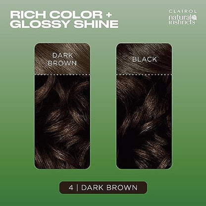 Before and after hair color results panel for Clairol Natural Instincts 4 Dark Brown.
