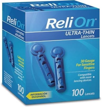 ReliOn 30 Gauge Ultra Thin Lancets front view pack of two boxes for diabetic blood sugar testing.