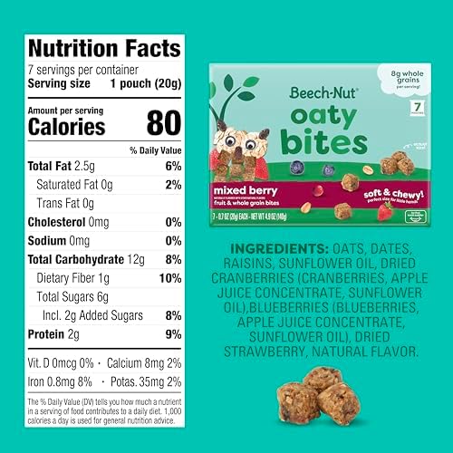 Beech-Nut toddler granola snack bites packaging nutrition facts and whole grain contents labels