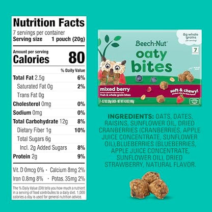 Beech-Nut toddler granola snack bites packaging nutrition facts and whole grain contents labels